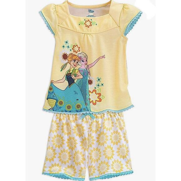 Disney Frozen Princess Anna Elsa Cap Sleeve Top Shorts Pajama Set Size 9/10 - Picture 1 of 7